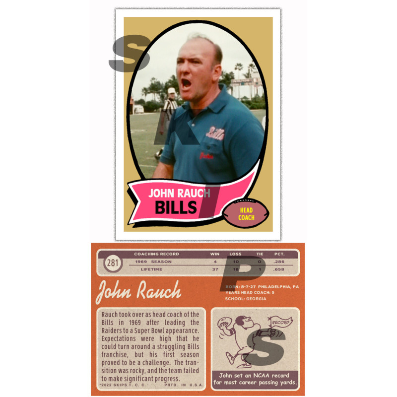 1970 STCC Coaches 281 John Rauch Topps Buffalo Bills custom card